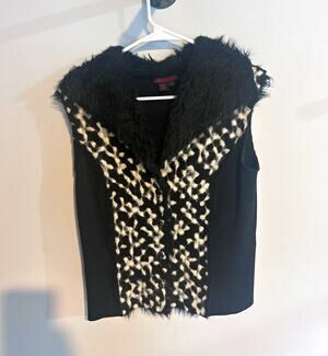 Simon Chang Womens Animal Print Faux Fur Trim Button Front Lined Vest Size M VTG